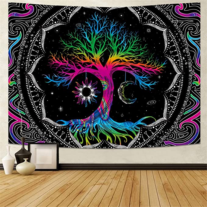 Trippy Tapestry Room Decor, DIGHEIGG Tree of Life Tapestry for Bedroom Aesthetic Moon and Sun Bohemian Boho Tapestries Wall Hanging for Room