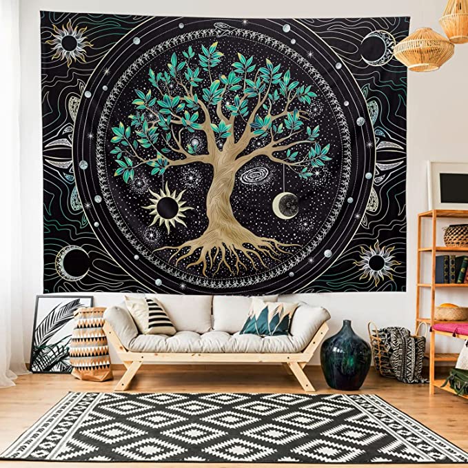 Aesthetic Tree of Life Tapestry Trippy Tapestry Colorful Wall Tapestry Hippie Sun Moon Star Galaxy Space Tapestries Forest Wall Hanging Decor Vibrant Nature Home Decoration for Bedroom,Living Room,Dorm