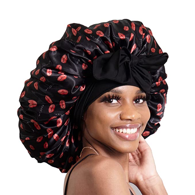 BONNET QUEEN Silk Bonnet for Sleeping Satin Bonnet Hair Bonnets Adjustable Bonnet Huge Bonnet Large Bonnets Sleep Bonnet for Braids Women Curly Hair Red Lips