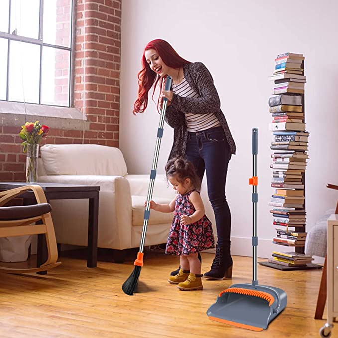 Upgrade Broom and Dustpan Set, Self-Cleaning with Dustpan Teeth, Ideal for Dog Cat Pets Home Use, Super Long Handle Upright Stand Up Broom and Dustpan Set