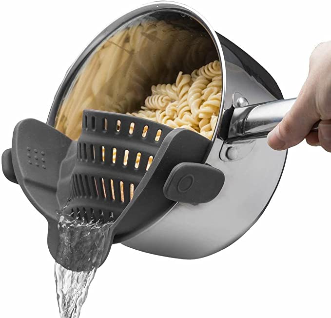 Kitchen Gizmo Snap N Strain Pot Strainer and Pasta Strainer - Adjustable Silicone Clip On Strainer for Pots, Pans, and Bowls - Kitchen Colander