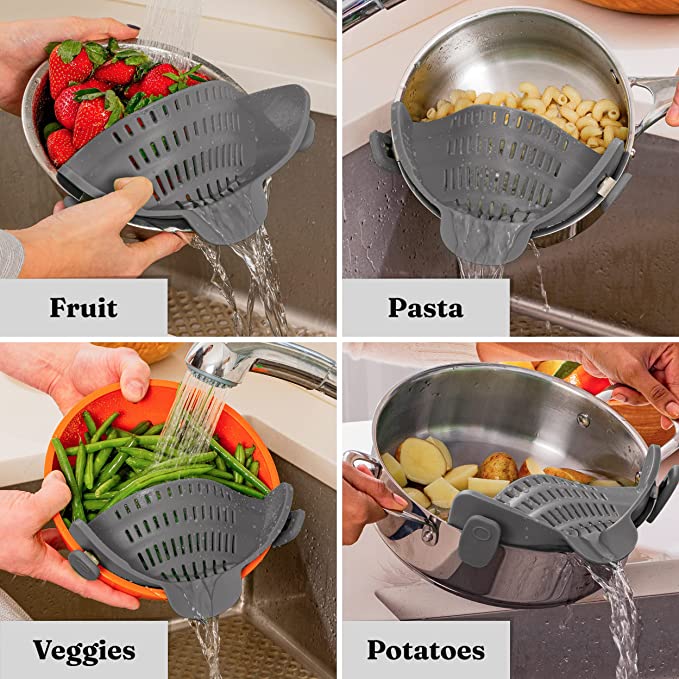 Kitchen Gizmo Snap N Strain Pot Strainer and Pasta Strainer - Adjustable Silicone Clip On Strainer for Pots, Pans, and Bowls - Kitchen Colander
